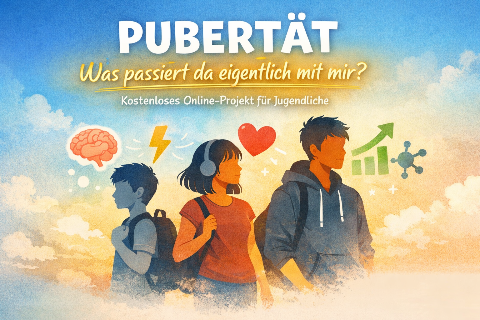 Illustration von Jugendlichen mit Symbolen für Gehirn, Gefühle und Wachstum zum Thema Pubertät – Online-Projekt „Pubertät: Was passiert da eigentlich mit mir?“