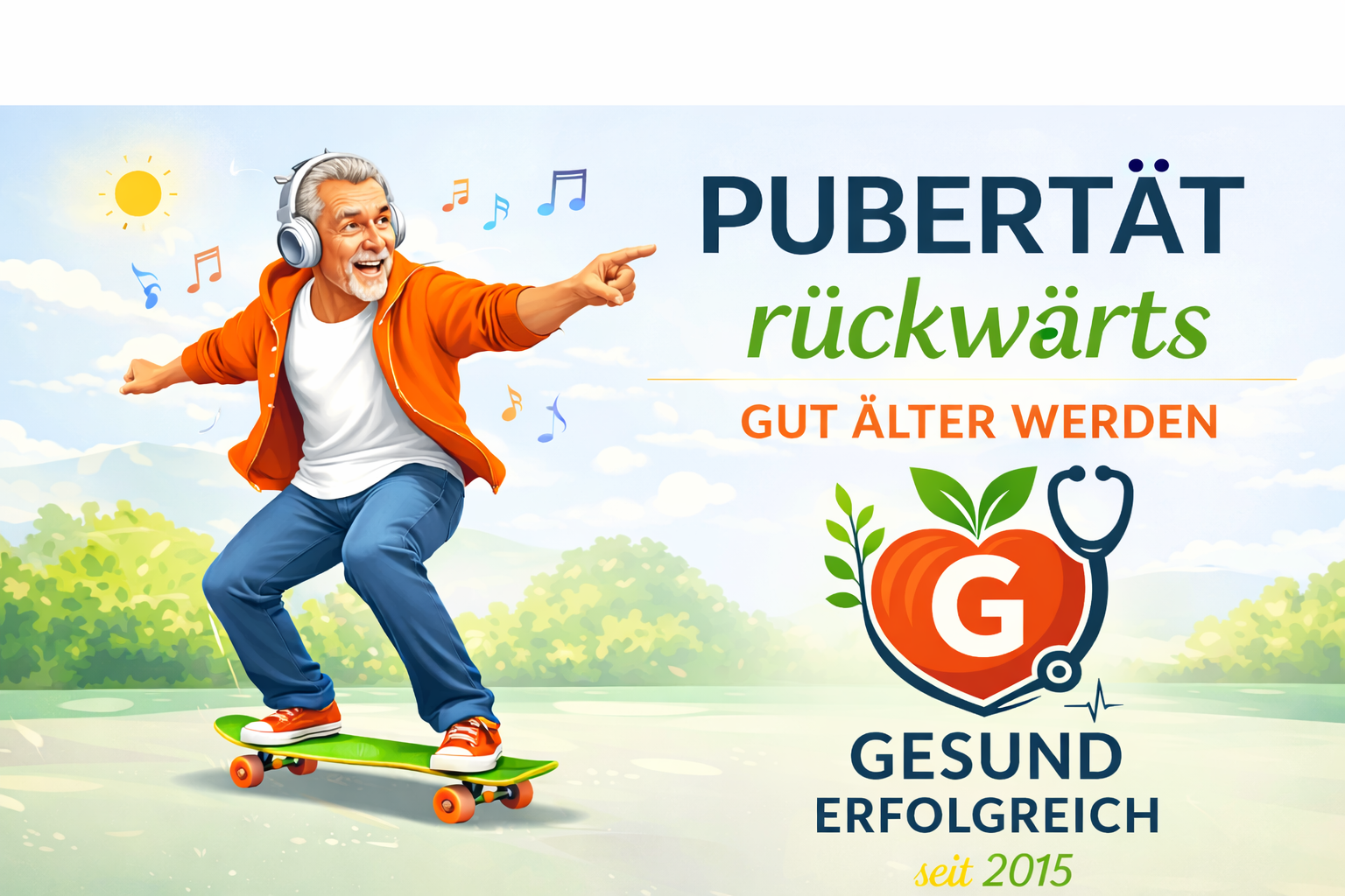 Älterer Mann auf Skateboard im Park, Symbol für Wechseljahre, hormonelle Veränderung und gesund älter werden mit Gesunderfolgreich