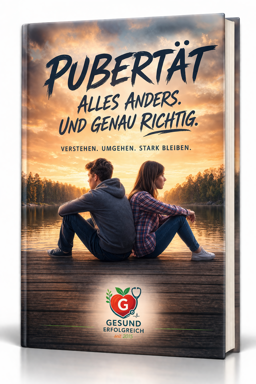 E-Book Cover Pubertät verstehen mit Jugendlichen am Steg in ruhiger Atmosphäre