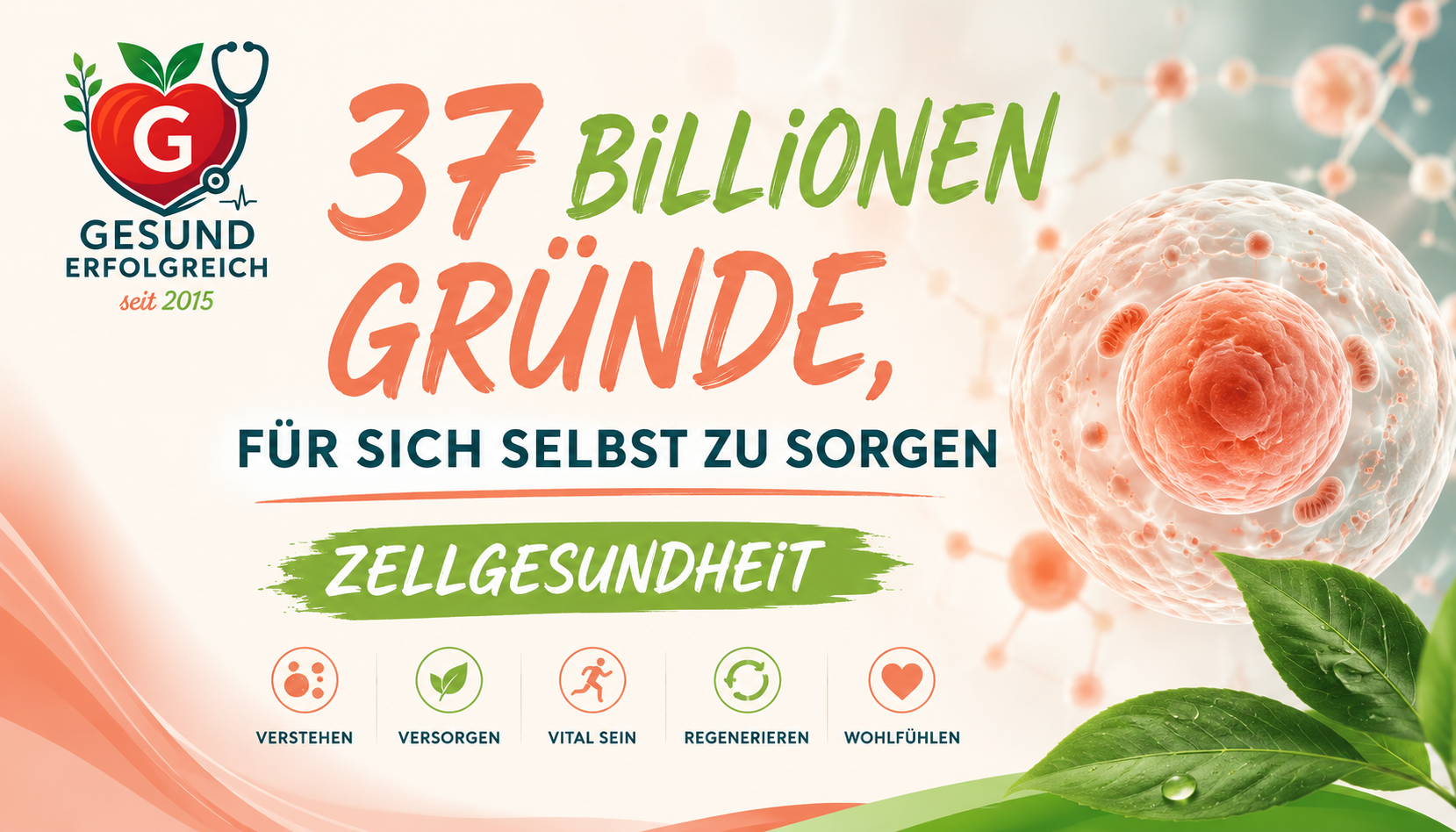 Banner zur Gesundheitskampagne „37 Billionen Gründe, für sich selbst zu sorgen – Zellgesundheit“ von Gesunderfolgreich mit stilisierter Körperzelle, Gesundheitslogo sowie Themen wie Mikronährstoffe, Regeneration und Zellversorgung.