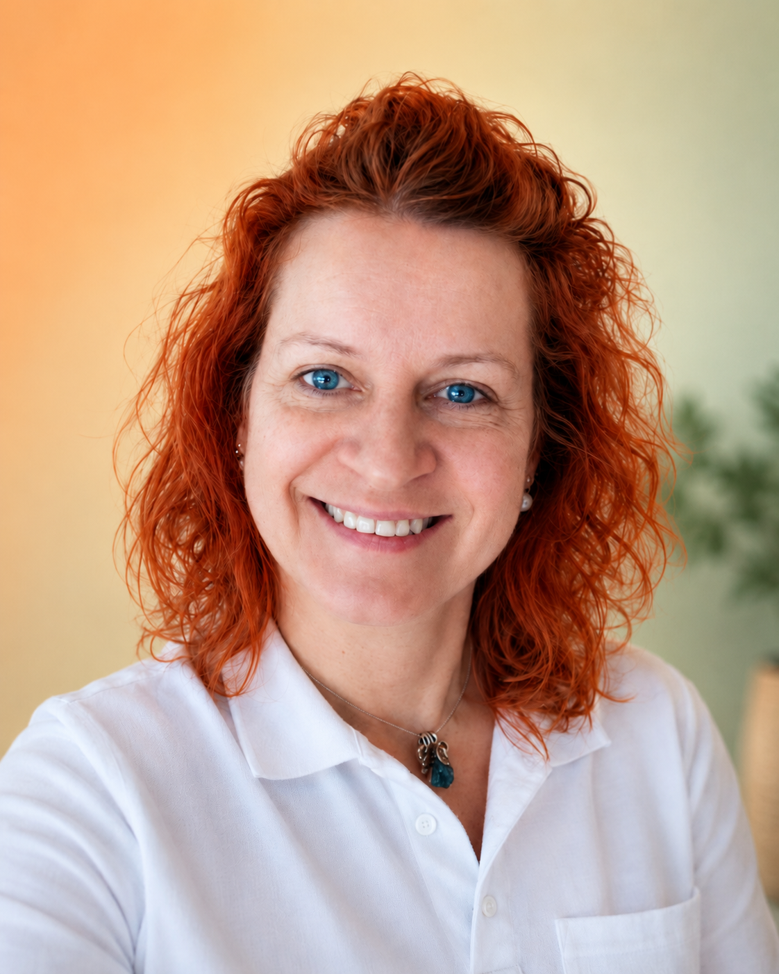 Katrin Müller, Gesundheitscoach von Gesunderfolgreich, lächelt freundlich vor orange-grünem Hintergrund.