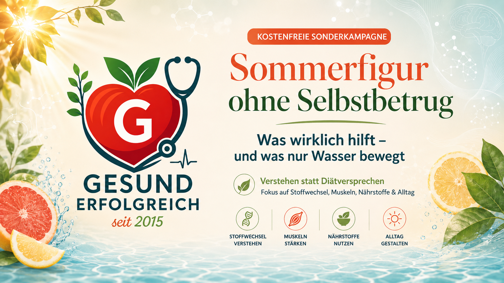 Sommerliches Kampagnenbild zur kostenfreien Sonderkampagne „Sommerfigur ohne Selbstbetrug“ von Gesunderfolgreich über Diätmythen, Stoffwechsel, Muskeln und gesunde Gewichtsreduktion.