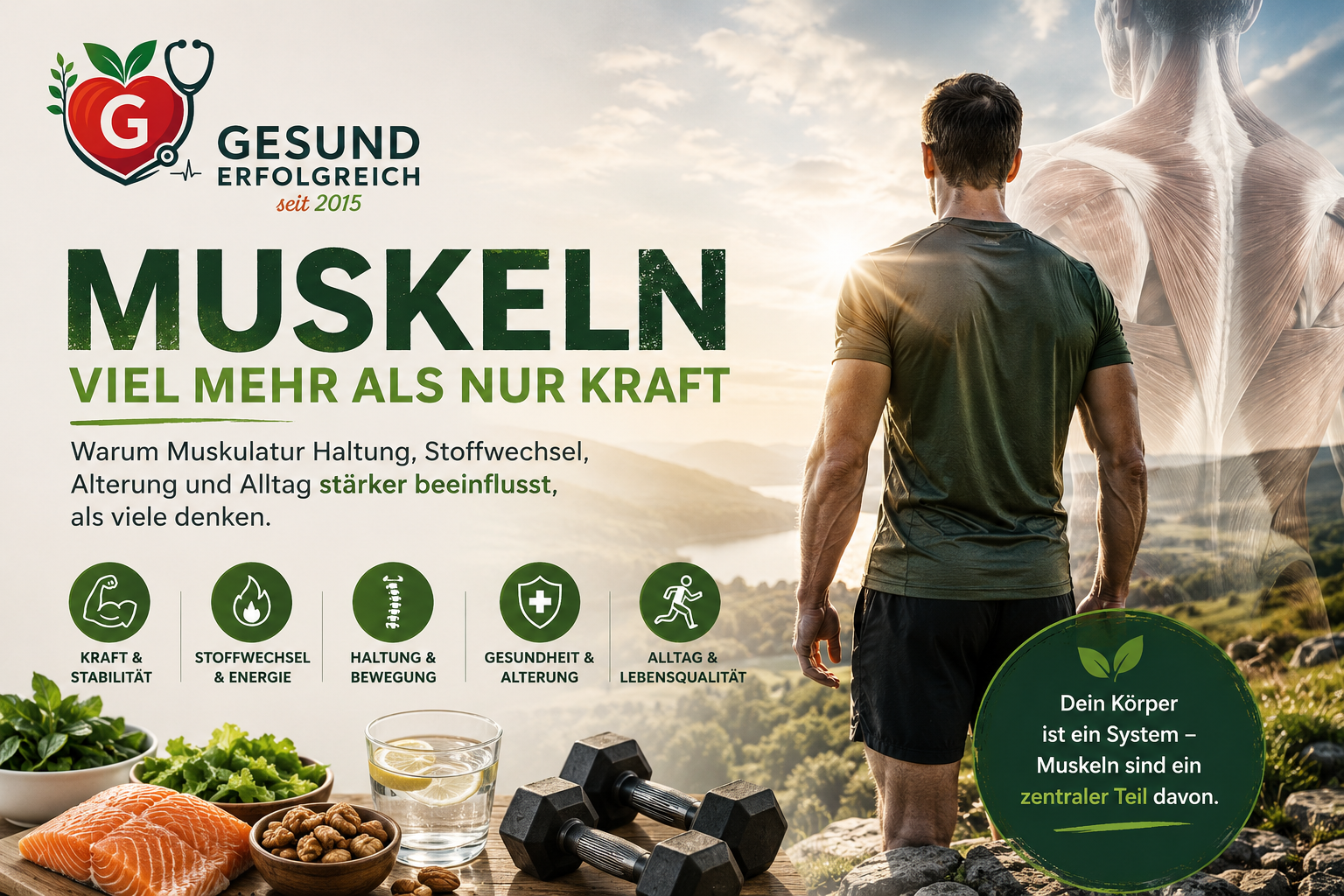 Infografik über Muskelgesundheit, Stoffwechsel, Bewegung und Alterung mit Gesunderfolgreich-Logo, anatomischer Muskulatur, Bewegung und gesunder Ernährung.