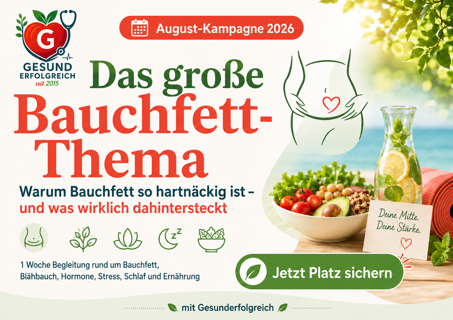 Werbebild der August-Kampagne 2026 von Gesunderfolgreich zum Thema Bauchfett. Das Motiv zeigt gesunde Ernährung, Bewegung und den Schwerpunkt auf Bauchfett, Blähbauch, Hormonen, Stress, Schlaf und Ernährung.
