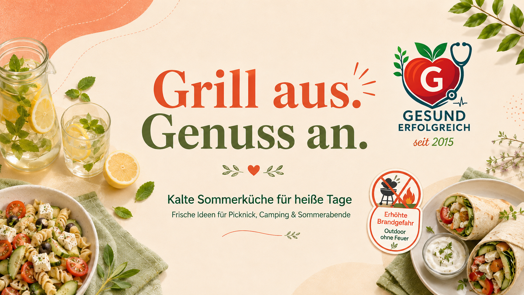 Grill aus, Genuss an – Titelbild zur kalte Sommerküche mit sommerlichen Speisen, Zitronengetränken und Gesunderfolgreich-Logo