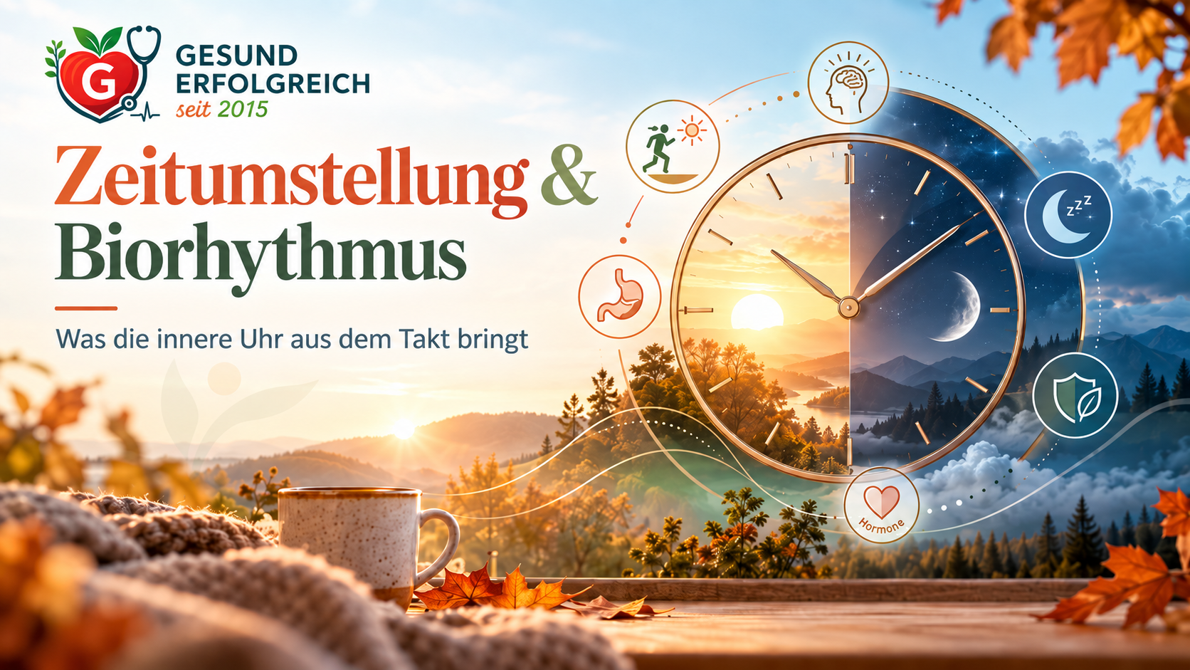Titelbild zur Kampagne „Zeitumstellung & Biorhythmus“ mit großer Uhr im Tag-Nacht-Wechsel, Symbolen für Schlaf, Hormone, Verdauung, Bewegung und Immunsystem sowie herbstlicher Landschaft.