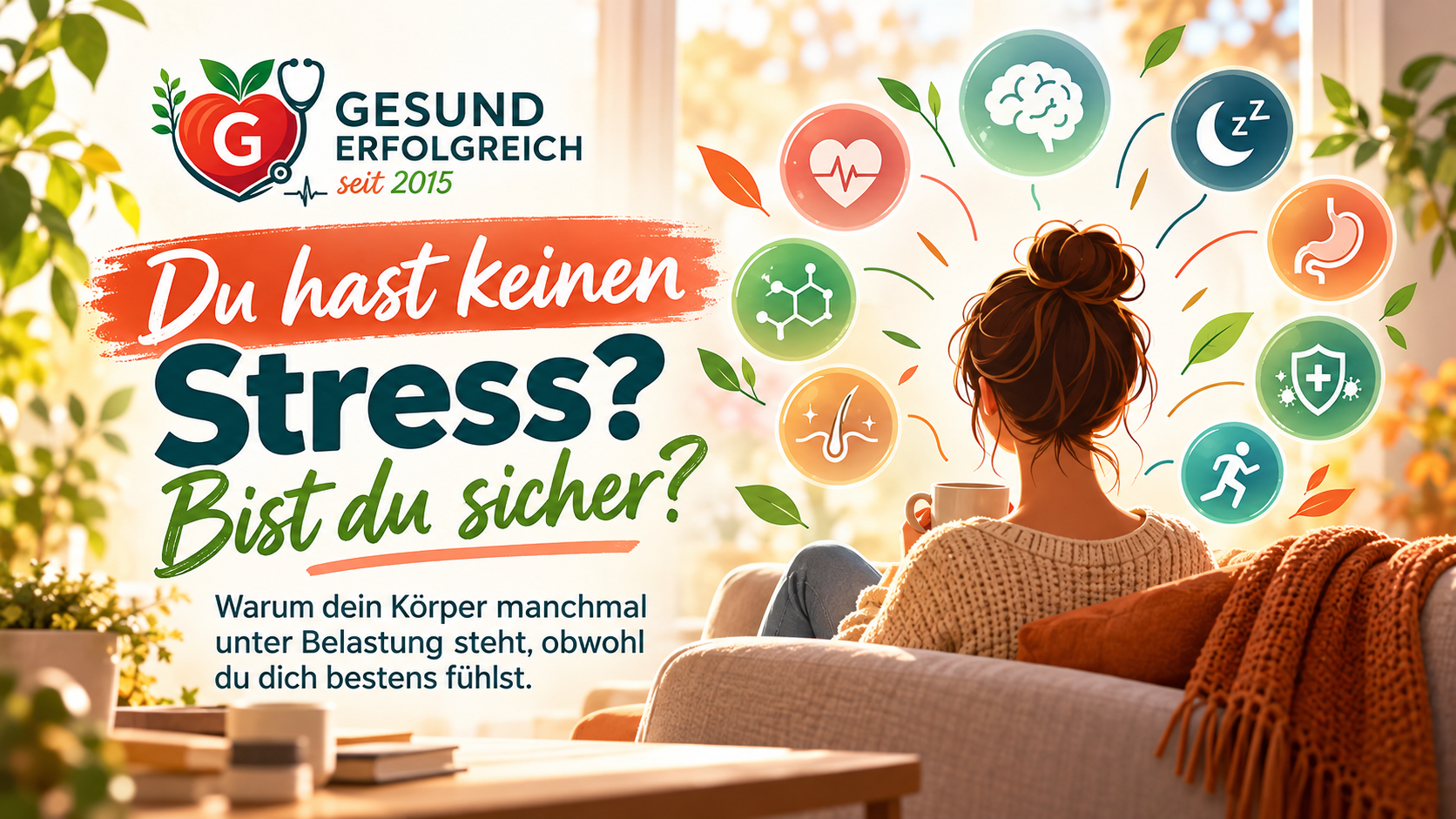 Beitragsbild von Gesunderfolgreich zum Thema versteckter Stress: Eine Frau sitzt entspannt mit einer Tasse auf dem Sofa, umgeben von Symbolen für Gehirn, Schlaf, Herz, Verdauung, Immunsystem, Hormone und Bewegung; dazu der Titel „Du hast keinen Stress? Bist du sicher?“.